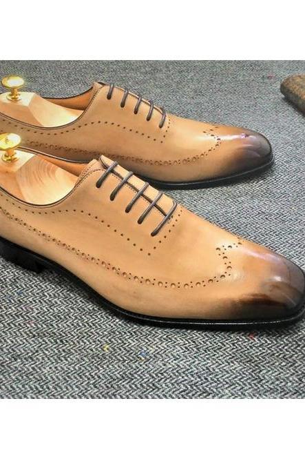 Tan Color Patent Oxford Wingtip Longwing Premium Leather Men's Lace Up Formal Shoes