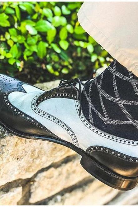 Made To Order Twin Tone Black White Brogue Wingtip Men's Leather Lace Up Formal Shoes