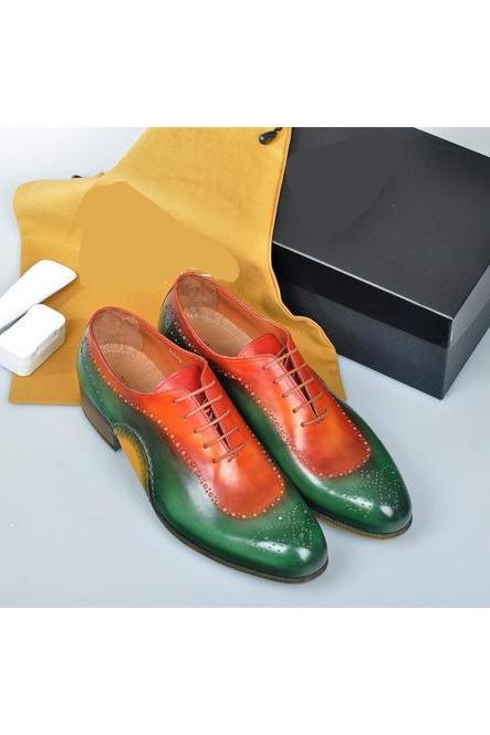 Made To Order Men's Multi Color Balmoral Style Patina Medallion Toe Premium Leather Handcrafted Formal Shoes