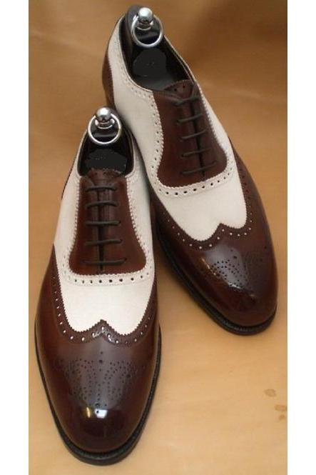 Oxford Brown And White Hand Stitched Brogue Wingtip Genuine Leather Men's Formal Wedding Shoes