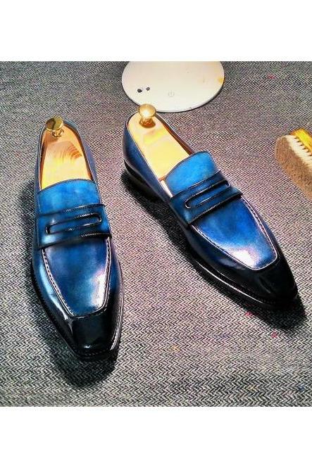 Exceptional Blue Penny Loafer Slip On Patina Real Leather Men's Customize Formal Wedding Shoes