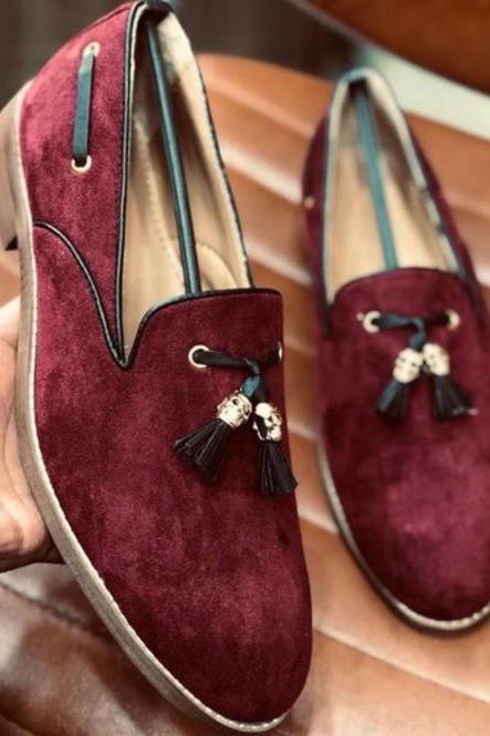 Perfect For Parties Tassels Loafer Contrast Sole Suede Leather Hand Stitched Maroon Formal Pull On Shoes