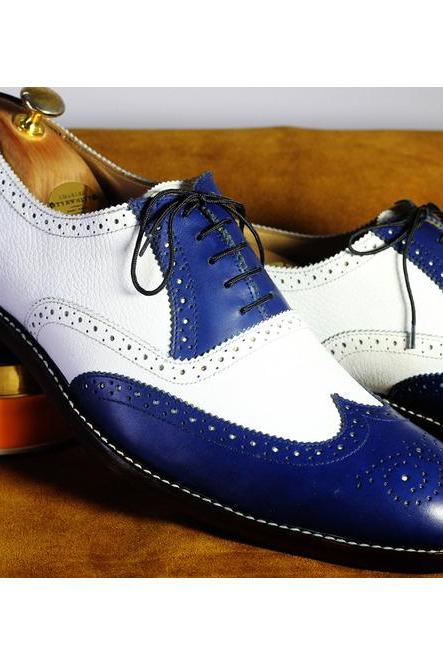 Oxford Blue White Full Brogue Men's Hand Stitched Genuine Leather Lace Up Formal Wedding Shoes