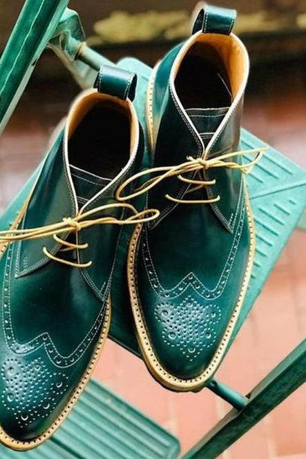 Shining Green Brogue Wingtip Contrast Hand Stitched Sole Premium Leather Chukka Formal Ankle Shoes
