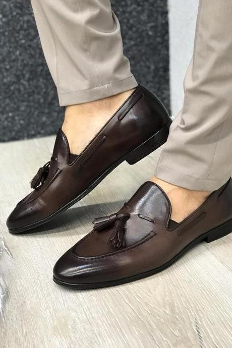 Patent Chocolate Brown Tassels Loafer Slip On Genuine Leather Moc Toe Formal Party Shoes