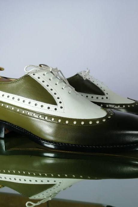 Royal Green White Oxford Wingtip Real Leather Men's Customize Longwing Lace Up Formal Wedding Shoes