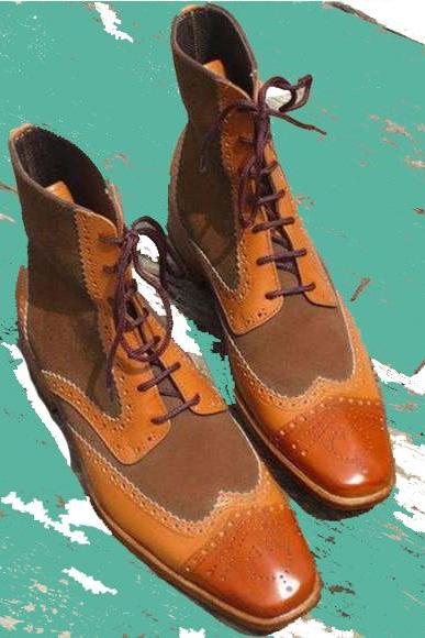 Sublime Derby Brown Color Patina Wingtip Full Brogue Men's Lace Up Suede Leather Formal Ankle Shoes