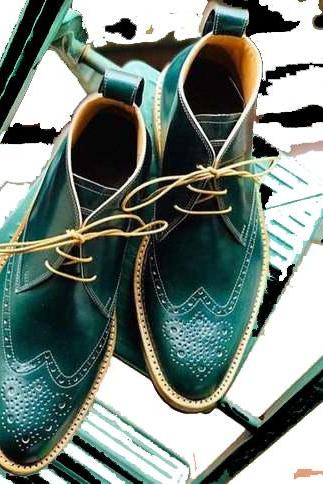 Decorative Chukka Green Hand Stitched Contrast Sole Medallion Wingtip Pure Leather Lace Up Pull Loop Ankle Shoes