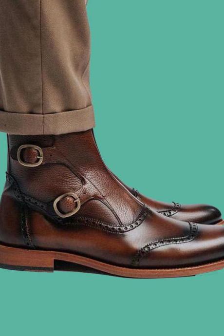 Unique Dark Brown Handmade Dual Buckle Strap Premium Leather Cap Toe Monk Formal Ankle Shoes