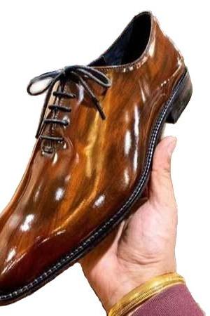 Luxury Wooden Brown Patent Wholecut Lace Up Cowhide Leather Handcrafted Oxford Men's Formal Dress Shoes