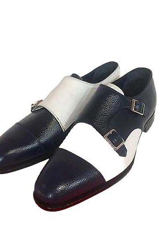 Saddle Black White Dual Monk Strap Premium Leather Cap Toe Buckle Fastening Formal Wedding Shoes