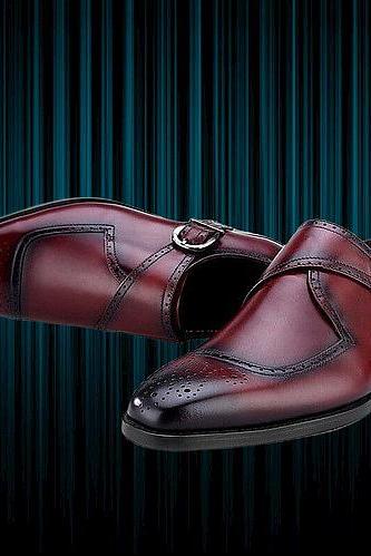 Made To Order Burgundy Patina Brogue Toe Premium Leather Monk Buckle Strap Formal Dress Shoes