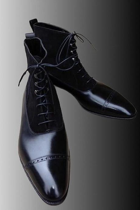 Handmade Men's Two Tone Black Suede & Black Leather Boots, Customize Lace-up Ankle High Formal Boots, Personalized Oxford Cowhide Leather Dress Boots,