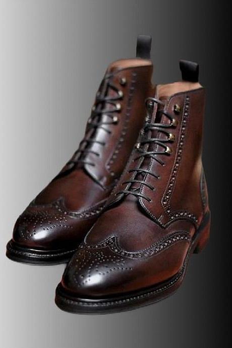 Derby Pure Handcrafted Men's Dark Brown Cowhide Leather Boots, Customize Wingtip Lace-up Ankle High Formal Boots, Personalized Full Brogue Boots,