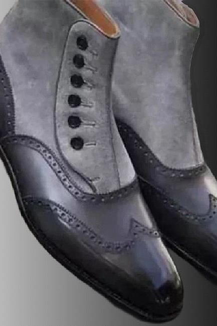Handmade Men's Two Tone Grey Suede & Grey Shaded Patent Boots, Personalized Premium Cow Skin Leather Wingtip Button Up Formal Ankle Boots,