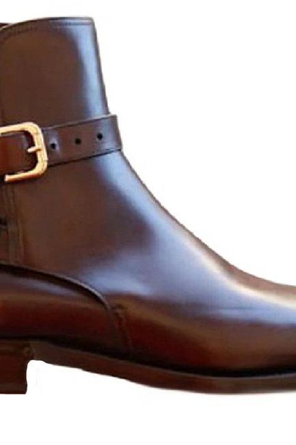 Made To Order Brown Patina Luxury Boots, Handcrafted Men's Jodhpur Round Strap Ankle Boots, Genuine Cow Skin Leather Formal Ankle Dress Boots,