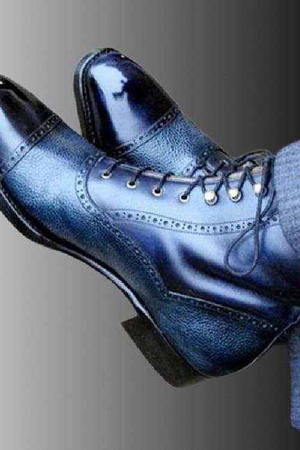Men's Shining Blue Cap Toe Lace Up Formal Boots, Handmade Cowhide Leather Dress Boots, Customize Men's High Ankle Hiking Style Boots, 