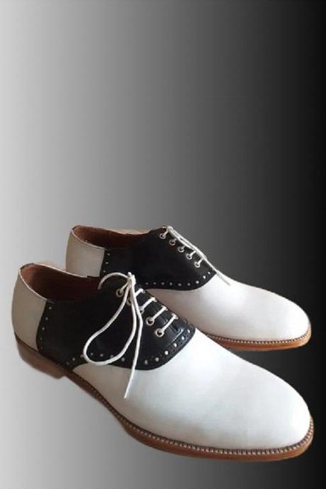 Hand Stitched Spectator Black White Wedding Shoes, Personalized Men's Oxford Cowhide Leather Lace Up Shoes, Customize Two Tone Formal Dress Shoes,