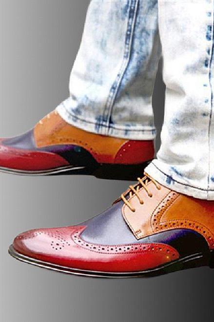Handcrafted Derby Multi-Color Lace-Up Premium Cowhide Leather Brogue Toe Wingtip Formal Dress Shoes