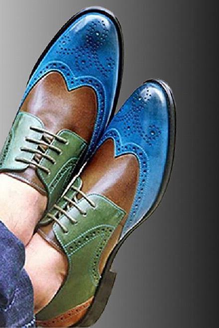 Made To Hand Derby Three Tone Patina Lace-Up Pure Cowhide Leather Customize Brogue Toe Wingtip Formal Party Shoes