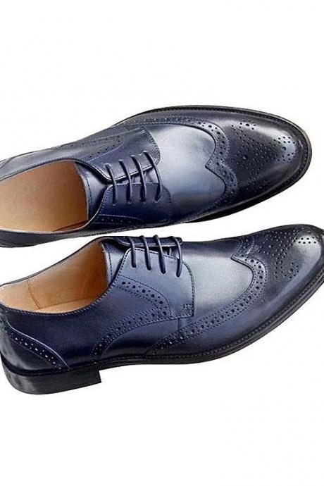 Luxury Navy Blue Derby Patina Wingtip Lace-Up Real Cowhide Leather Handmade Brogue Toe Formal Business Shoes