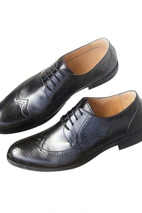 Professional Derby Black Polish Patina Premium Cowhide Leather Men's Handcrafted Full Brogue Wingtip Lace-Up Formal Shoes