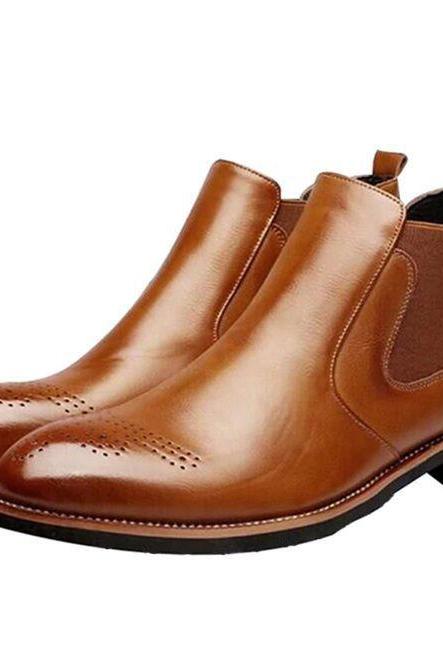 Men's Hand-Stitched Brogue Toe Chelsea Tan Patina Back Pull Pure Cow Skin Leather Elastic Panel Formal Ankle Boots