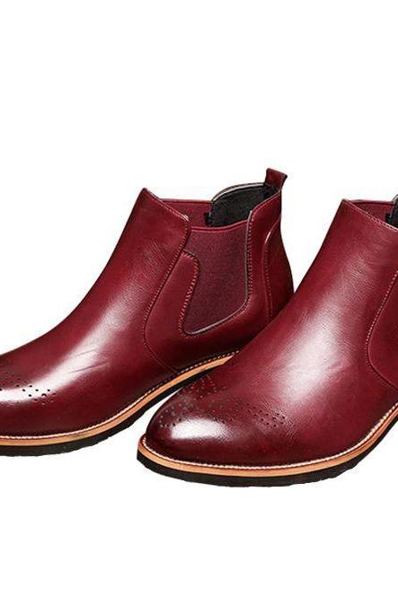 Patent Burgundy Hand-Stitched Chelsea Elastic Panel Pull On Genuine Cowhide Leather Brogue Toe Men's Customize Formal Ankle Boots