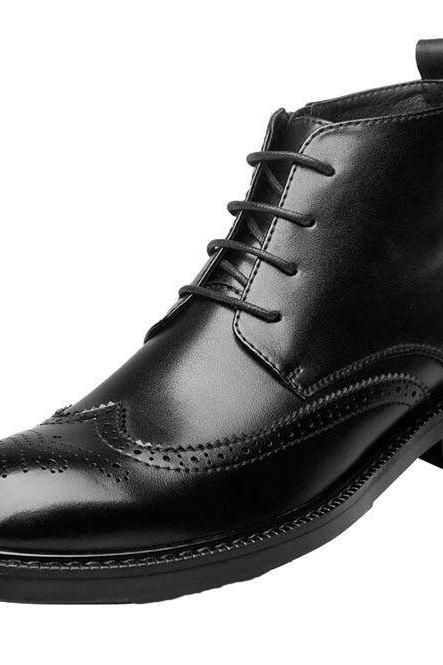 Made To Hand Brogue Wingtip Side Zippered Genuine Cowhide Leather Back Pull Men's Customize Derby Lace-Up Formal Ankle Boots