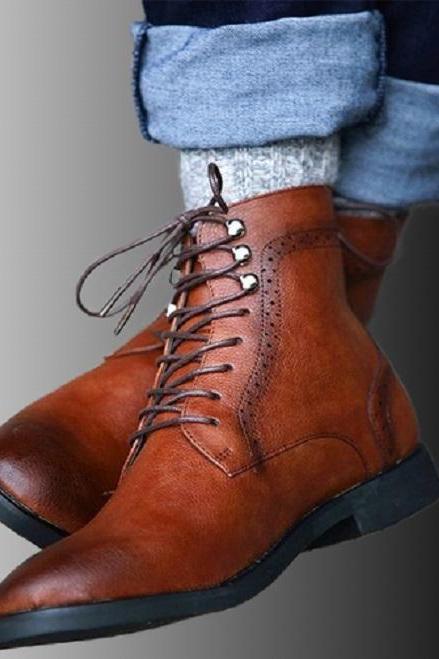 Handcrafted Shinning Orange Lace Up Genuine Cowhide Leather Men's Personalized Derby Army Style Formal Ankle Boots