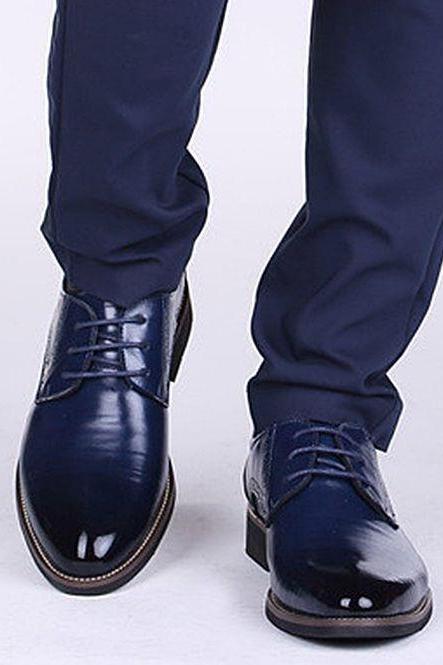 Luxury Navy Blue Patent Derby Real Cowhide Leather Hand-Stitched Men's Lace-Up Formal Business Shoes
