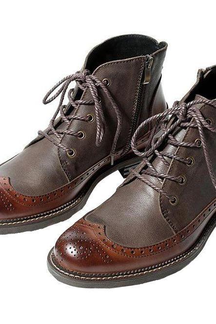 Pump Up Two Tone Longwing Brogue Derby Lace-Up Genuine Cowhide Leather Side Zippered Men's Handmade Formal Ankle Boots