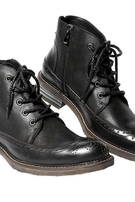 Men's Black Polish Army Style Long-Wing Medallion Premium Leather Side Zippered Derby Handmade Lace-Up Formal Ankle Boots