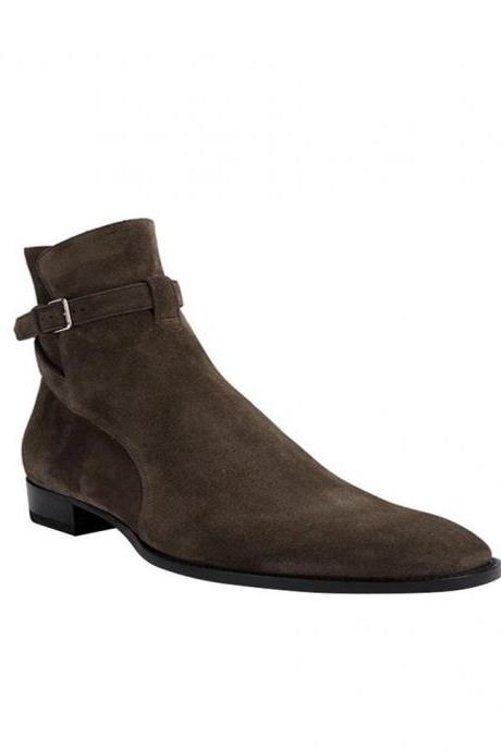 Elegant Customize Jodhpur Brown Suede Leather Men's Round Buckle Strap Formal Ankle Boots
