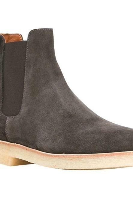 Optimal Gray Suede Chelsea Premium Leather Back Pull Handmade White Sole Formal Ankle Boots