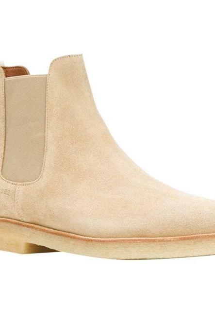 Adorable Handmade Beige Suede Elastic Panel Men's Real Leather Back Pull Slip On Chelsea Formal Ankle Boots