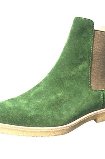 Made To Hand Chelsea Elastic Panel Green Cow Skin Leather Back Pull Men's Formal Slip On Ankle Boots