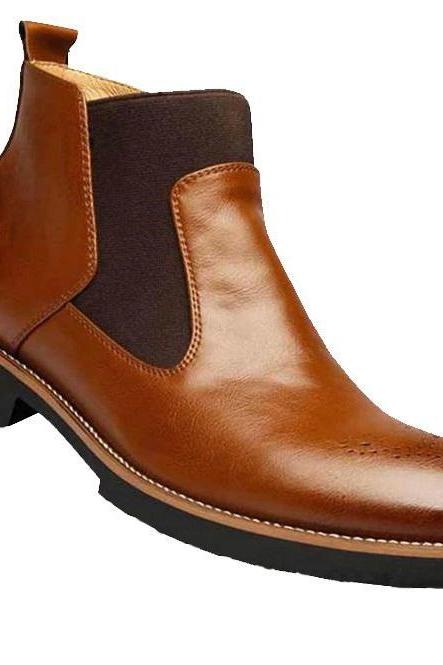 New Style Chelsea Elastic Panel Brogue Toe Patina Men's Handmade Premium Leather Back Pull Formal Ankle Boots