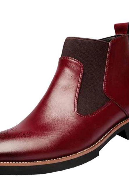 Hand-Stitched New Shape Chelsea Maroon Patent Brogue Toe Personalized Real Leather Elastic Panel Back Pull Formal Ankle Boots