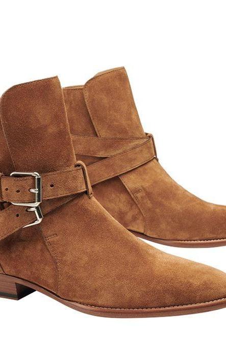 Made To Order Men's Customize Jodhpur Double Buckle Round Strap Brown Suede Leather Handmade Formal Ankle Boots