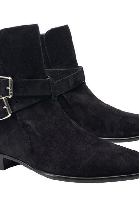 Jodhpur Handmade Black Suede Round Buckle Strap Real Leather Men's Customize Formal Ankle Boots