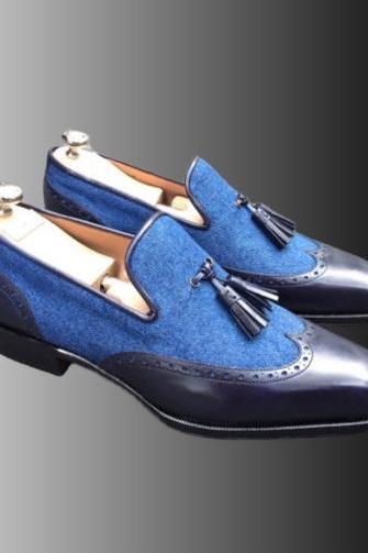Tassels Loafer Suede Blue Color Customize Men's Slip On Patina Wingtip Premium Leather Formal Party Shoes
