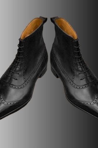 Black Color Oxford Patina Wingtip Handmade Pure Leather Polish Lace-Up Formal Ankle Boots