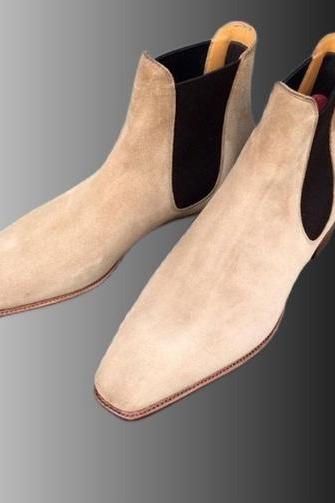 Beige Color Suede Customize Chelsea Style Elastic Panel Premium Leather Hand-Stitched Sole Formal Ankle Boots