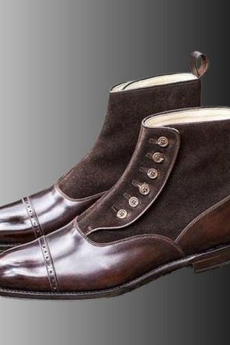Decorative Suede Button Up Customize Patina Cap Toe Premium Leather Back Pull Ankle Boots