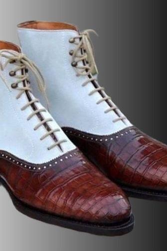 Customize Oxford Two Tone Crocodile Pattern Lace-Up Pure Leather Men's Formal Ankle Party Boots