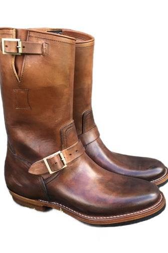Handmade Long Ankle Buckle Strap Genuine Leather Patent Brown Customize Work Boots