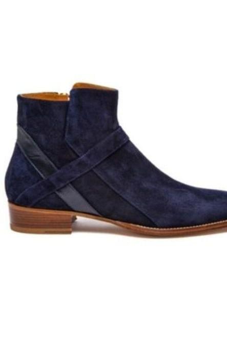 Navy Blue Side Zippered Contrast Sole Suede Leather Men's Customize Formal Ankle Boots