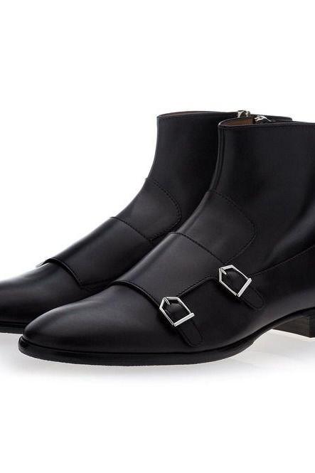 Personalized Black Color Double Buckle Strap Premium Leather Side Zippered Handmade Formal Ankle Boots