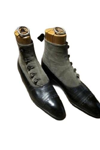 Men's Button Up Dual Color Upper Suede Leather Patina Cap Toe Handmade Formal Ankle Boots
